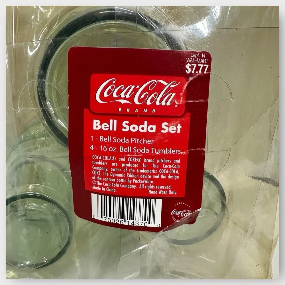 NIB Coca-Cola Bell Soda Set 5 Piece Pitcher & 4 Drinking Cups Plastic VTG NOS